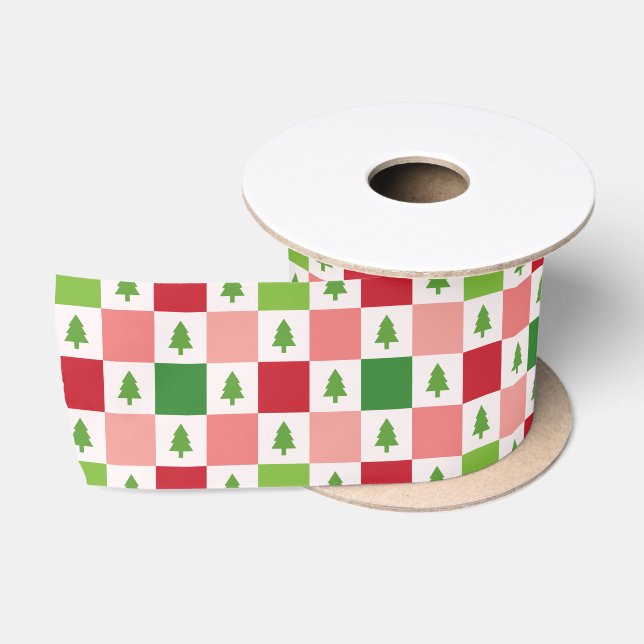 Ruban En Satin Motif d'arbre de Noël - Rouge, rose, vert (Bobine)