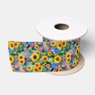 Ruban En Satin Motif d'art de tournesol aquarelle