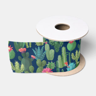Ruban En Satin Motif de cactus Turquoises verts en fleurs