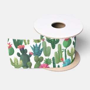 Ruban En Satin Motif de cactus Turquoises verts en fleurs