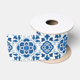 Ruban En Satin Motif de carreaux bleu azulejos Vintage