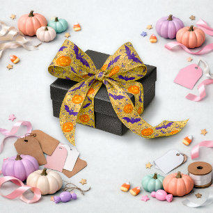 Ruban En Satin Motif de chauve-souris citrouille d'Halloween doré