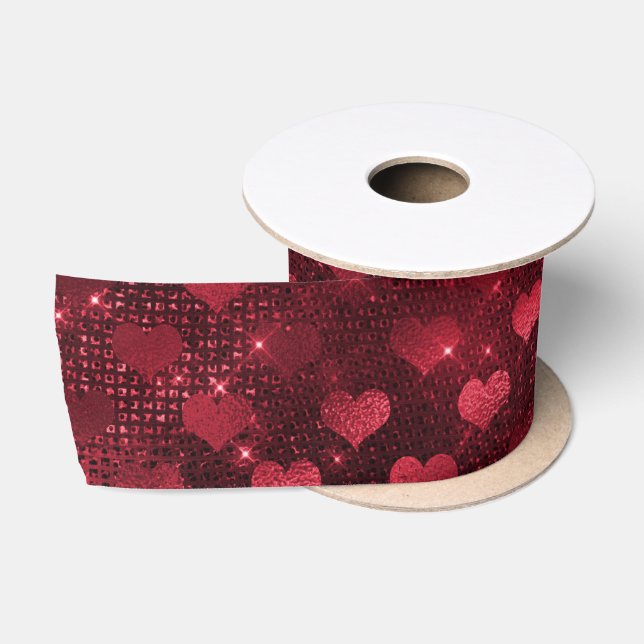 Ruban En Satin Motif de cœurs pailletés de rouge glamour (Bobine)