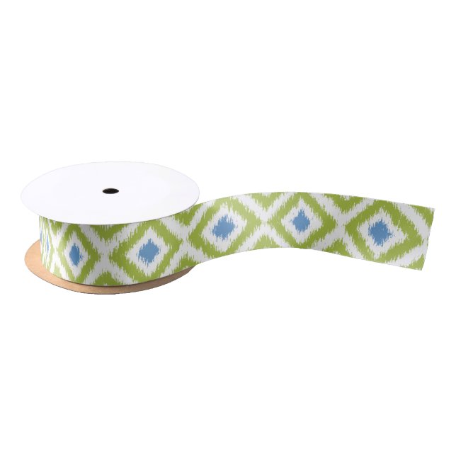 Ruban En Satin Motif de diamants d'Ikat vert et bleu (Bobine)