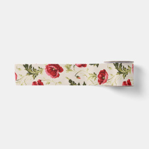 Ruban En Satin Motif de fleurs de coquelicots rouges vifs vintage