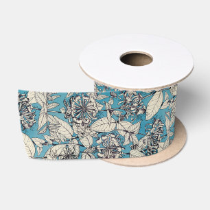 Ruban En Satin Motif de fleurs en bleu blanc