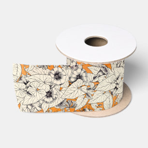 Ruban En Satin Motif de fleurs graphiques blanches orange
