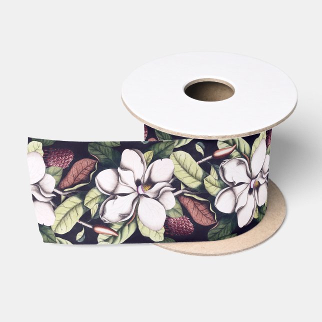 Ruban En Satin Motif de fleurs Magnolia (Bobine)