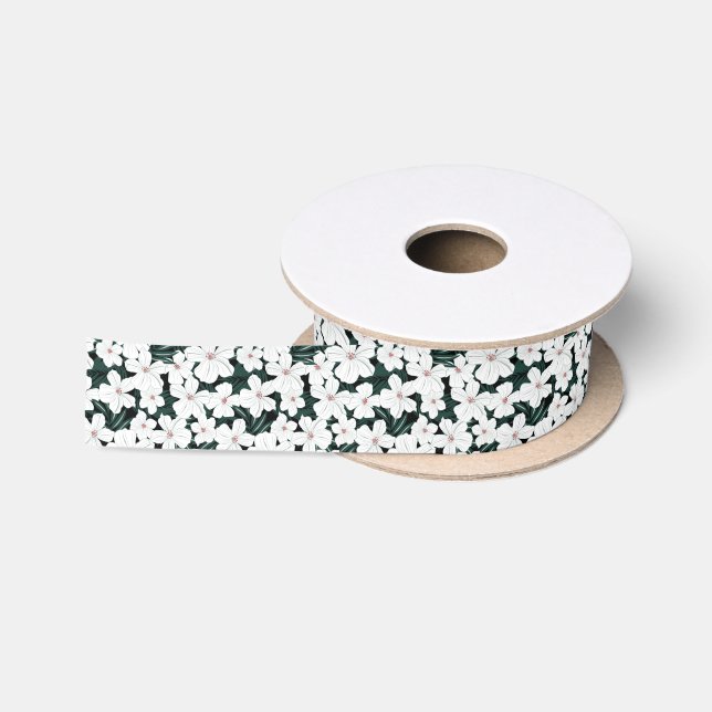 Ruban En Satin Motif de fleurs tropical blanc (Bobine)
