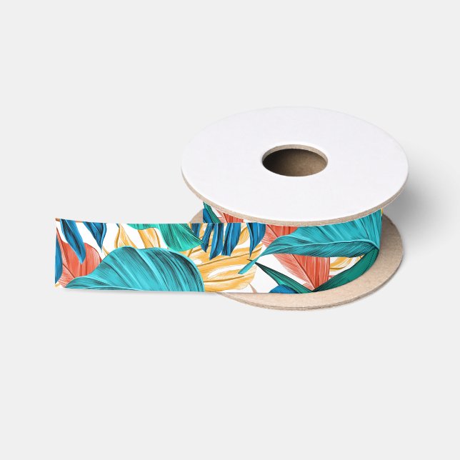 RUBAN EN SATIN MOTIF DE FOUGÈRES TROPICALES (Bobine)