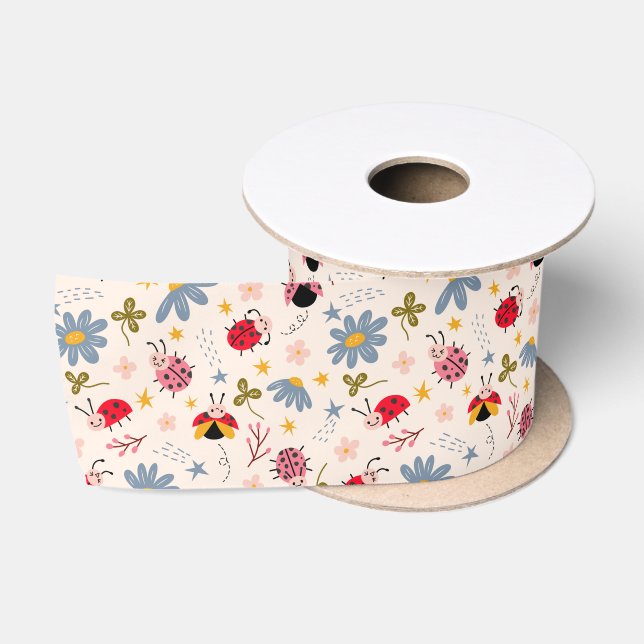 Ruban En Satin Motif de la coccinelle et des fleurs (Bobine)
