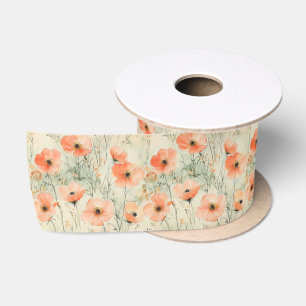 Ruban En Satin Motif de pavots à l'aquarelle de printemps