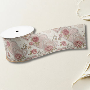 Ruban En Satin Motif de rose à cœurs festonnés brun ivoire vintag