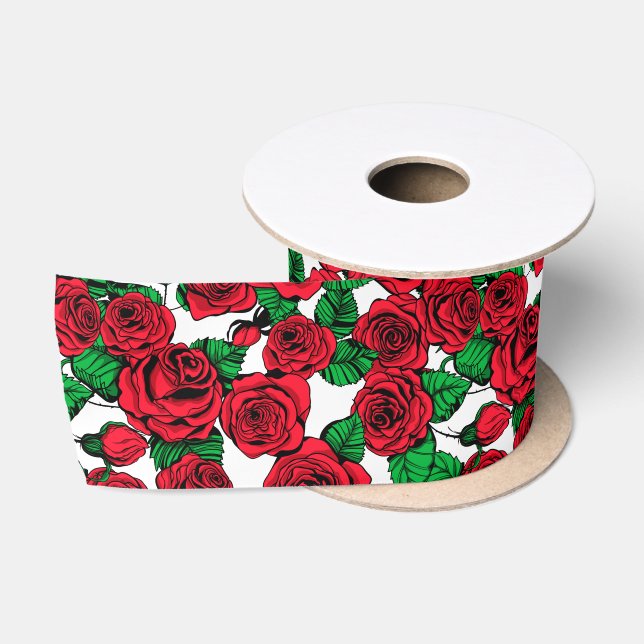 Ruban En Satin Motif de roses rouges (Bobine)