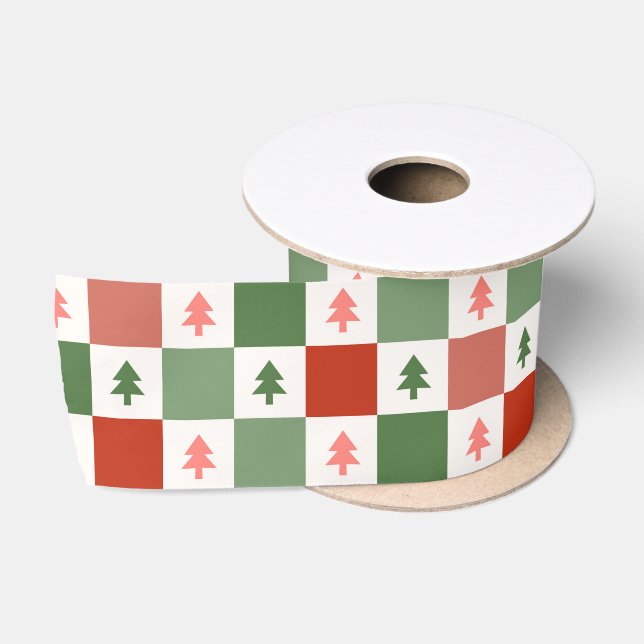 Ruban En Satin Motif de vacances Retro Christmas Tree Checkerboar (Bobine)