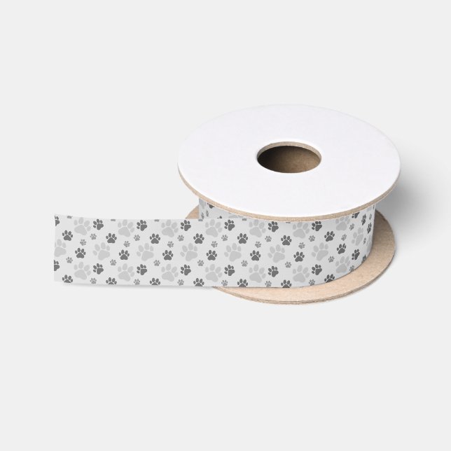 Ruban En Satin Motif Empreinte de patte de chats gris (Bobine)