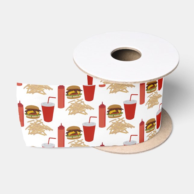 Ruban En Satin Motif Fast Food Burger Fries (Bobine)
