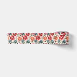 Ruban En Satin Motif Fleur Rétro Rouge Orange Bleu