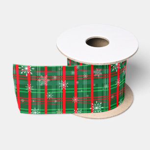 Ruban En Satin Motif flocons de neige carreaux vert Noël