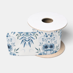 Ruban En Satin Motif floral à l'aquarelle bleu élégant