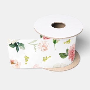 Ruban En Satin Motif floral aquarelle rose poudré