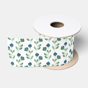 Ruban En Satin Motif floral bleu indigo et vert