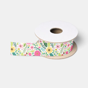 Ruban En Satin Motif floral coloré avec rose, jaune