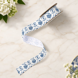 Ruban En Satin Motif floral de toile française bleue