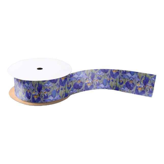 Ruban En Satin Motif floral d'iris bleu (Bobine)
