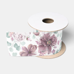 Ruban En Satin Motif floral et feuillage élégant mauve