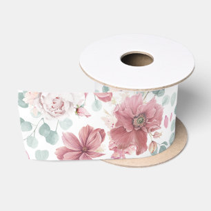 Ruban En Satin Motif floral et feuillage élégant Rose poudrée