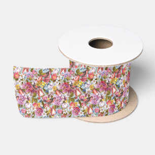 Ruban En Satin Motif floral Foliage Oiseaux Papillons Peony