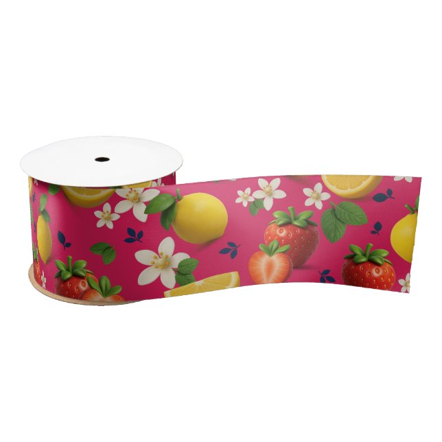 Ruban En Satin Motif fraise et citron avec fleurs (Bobine)