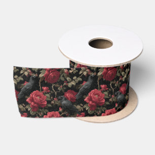 Ruban En Satin Motif gothique avec roses rouges et corbeaux