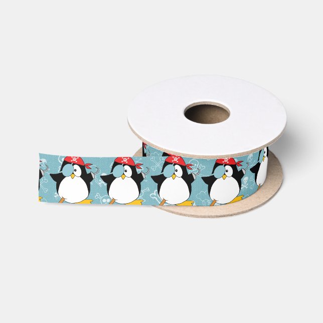 Ruban En Satin Motif graphique de pingouin de pirate (Bobine)