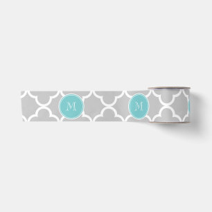 Ruban En Satin Motif gris de Quatrefoil, monogramme turquoise