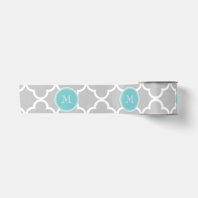 Ruban En Satin Motif gris de Quatrefoil, monogramme turquoise (Devant)