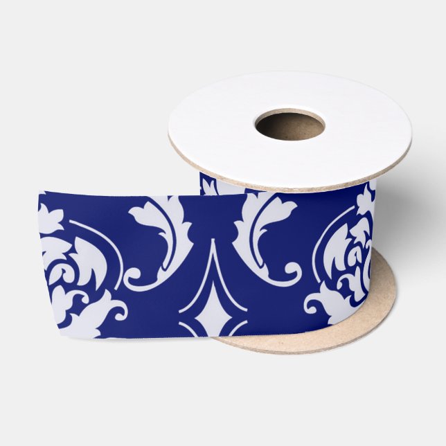 Ruban En Satin Motif lumineux de damassé de bleu marine (Bobine)