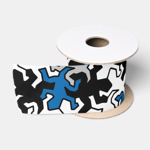 Ruban En Satin Motif Mosaic Geckos - bleu noir blanc gris