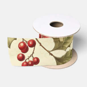 Ruban En Satin Motif Noël Fleur de Noël et Baies Vintage