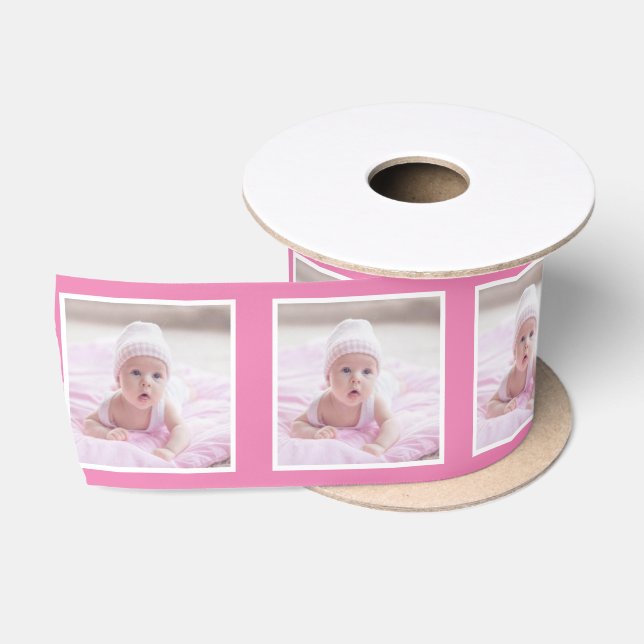 Ruban En Satin Motif photo personnalisé Ruban blanc bébé rose (Bobine)