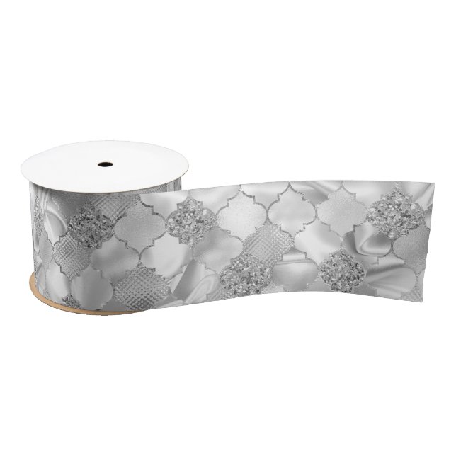 Ruban En Satin Motif Quatrefoil Marocain Argent (Bobine)