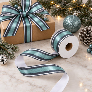 Ruban En Satin Motif rayé de Noël Teal ID862