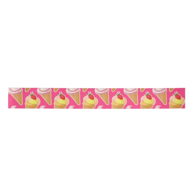 Ruban En Satin Motif rose Kawaii avec crème glacée aux fraises (Devant)
