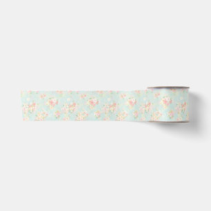 Ruban En Satin Motif Rose Pastel Doux sur Fond Aqua