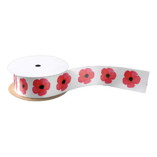 Ruban En Satin Motif rouge de pavot d'aquarelle