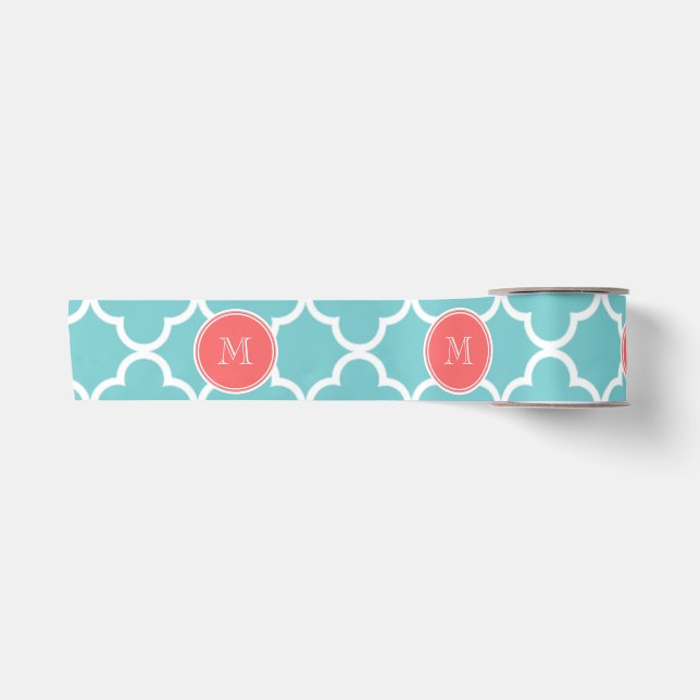 Ruban En Satin Motif turquoise de Quatrefoil, monogramme de (Devant)