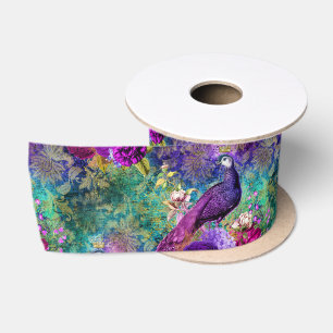 Ruban En Satin Motif vibrant de paon illustré