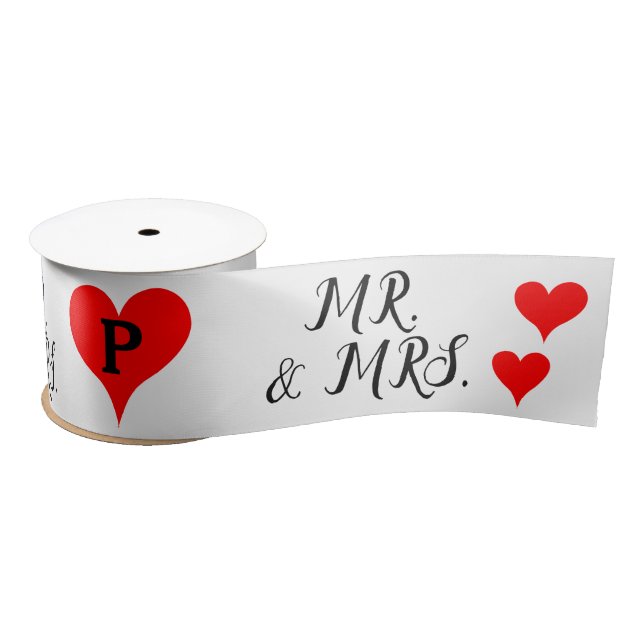 Ruban En Satin Mr. Mrs. Initials Red Hearts  (Bobine)