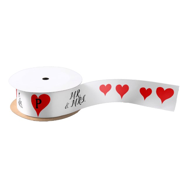 Ruban En Satin Mr. Mrs. Initials Red Hearts (Bobine)